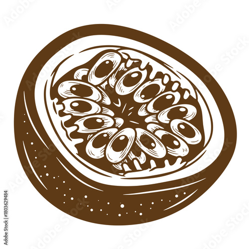 Artistic vintage sketch of a passion fruit half showing seeds and pulp in brown color