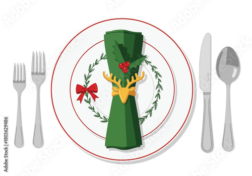 Festive Christmas table setting with a plate, cutlery, and a green napkin adorned with a reindeer and holly.