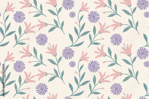 Soft pink blossoms and lavender daisies create a delicate floral pattern with gentle green leaves, perfect for spring designs, wallpapers, stationery, and feminine themes.