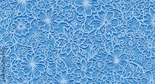 Elegant Floral Pattern Background in Light Blue, Seamless Decorative Design with Embossed Flowers and Leaves for Textile or Wallpaper