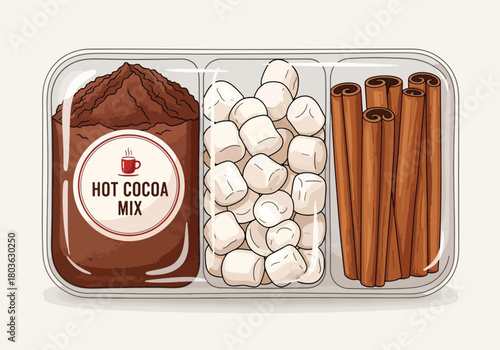 Hot cocoa mix, marshmallows, and cinnamon sticks arranged in a clear, divided container.