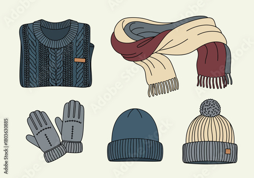 Illustration showcasing various winter clothing items, including a sweater, scarf, gloves, and hats.