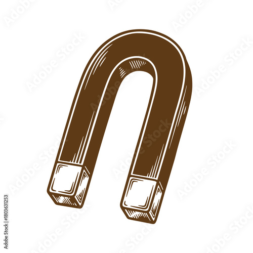 Brown u-shaped magnet illustration in sketch vintage art style on a white background