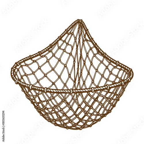 Hand drawn fishing net graphic vector illustration showing detailed vintage art style