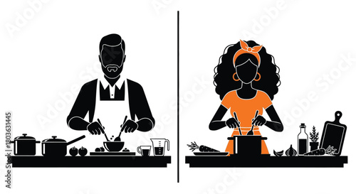 Cooking together recipe preparation food vector illustration