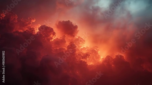 Inferno Skies: Dramatic clouds are ablaze with fiery hues of red and orange, the sky above explodes with energy and intensity. A beautiful and awe-inspiring spectacle.
