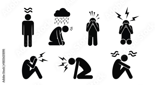 Illustrations showing stress, depression and anxiety icons isolated