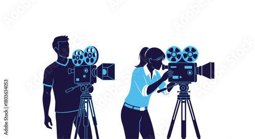 Film crew shooting movie scene with vintage cameras vector art