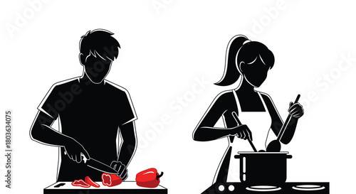 Cooking couple vector illustration kitchen food preparation art