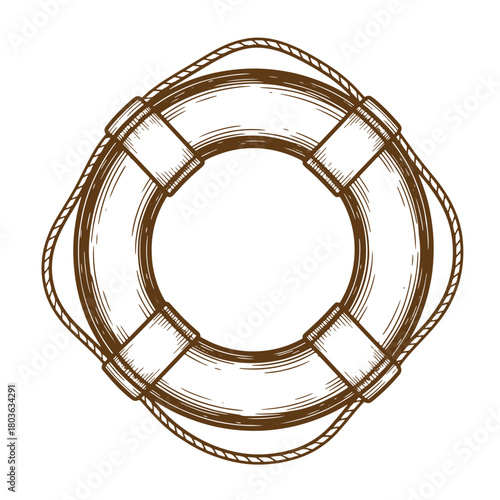 Hand drawn illustration of a vintage brown sketch life preserver ring with rope detailing