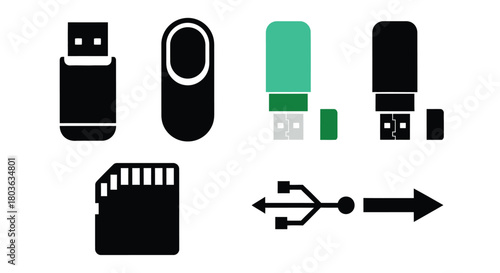 Usb drive and memory card storage vector icon set illustration