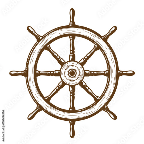 Hand drawn sketch illustration of a vintage wooden ship steering wheel nautical theme