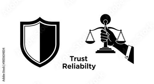 Symbolic representation of trust and reliability with a shield and balanced scales