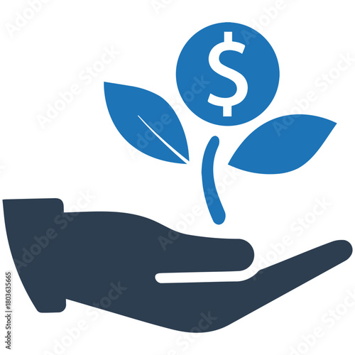 Hand of investment: A visual depiction of economic growth, an open hand delicately supports a blossoming plant, its leaves replaced with currency and coins.