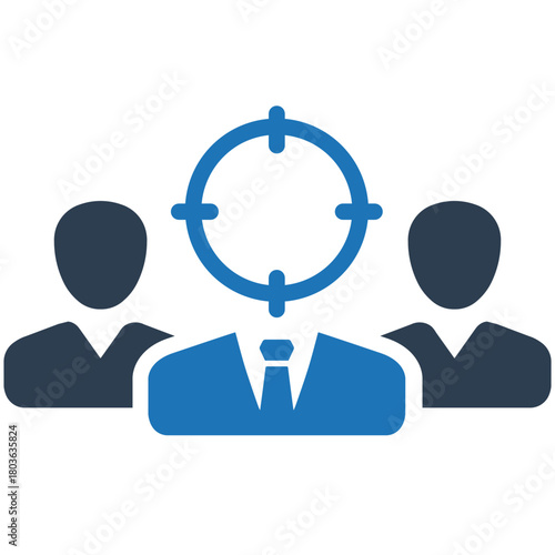Targeted Audience: An illustration of a person with a target symbol in front of them, flanked by two figures, representing focused approach to reach the objective and precise goals.