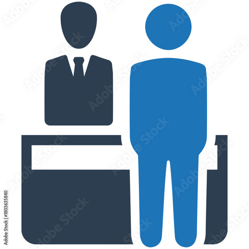 Service Desk Interaction: A stylized illustration depicting a customer service interaction, showcasing a person engaging with a desk and attendant in a business setting.