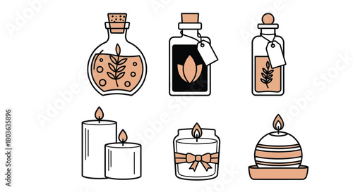 Spa day essentials vector illustration with candles and oils set