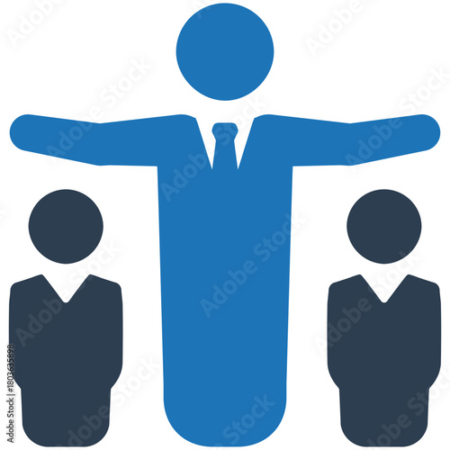 Leadership in Blue: A bold visual representing leadership, authority, and guidance. Emphasizing a central figure extending arms, surrounded by supportive figures.
