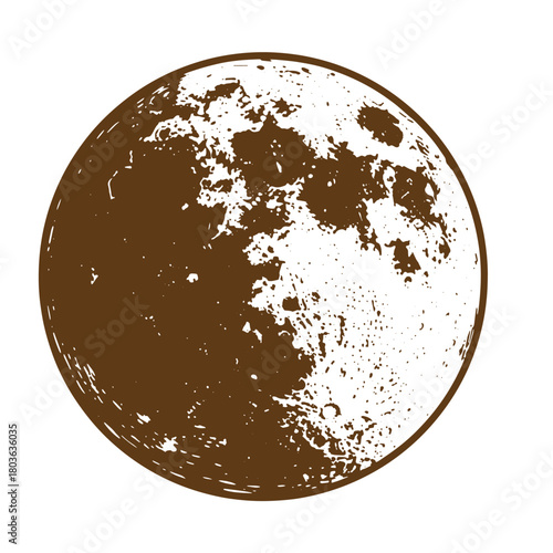 Detailed sketch of the moon illustrating surface features and crater depictions vintage art