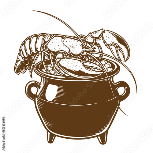 Lobster in a pot classic vintage sketch art illustration for seafood or cooking concepts