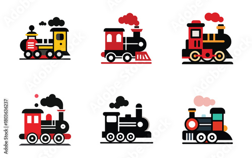 Collection of Flat Design Train Icons in Various Color Combinations Steam Engine Vector Illustration Isolated