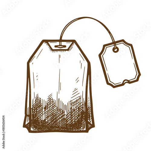 Hand drawn tea bag with label illustration vintage sketch art for drinks or beverages