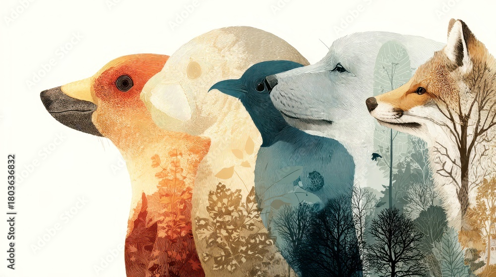 Naklejka premium Animal collage with bird, raven, polar bear, and fox profiles layered with forest silhouettes, creating harmonious wildlife and nature connection in warm and cool tones