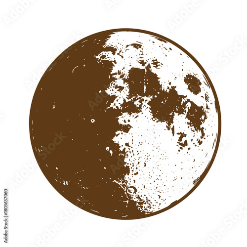 Full moon earths natural satellite drawn in a rustic brown sketch vintage art style