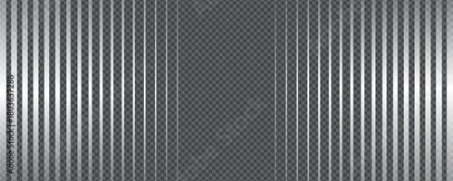 Vertical metallic stripe pattern with gradient transition lattice and silver fade. Transparent bg vector design adds glossy reflection and smooth symmetrical gradation.