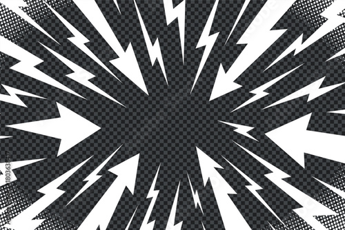Radial vector thunder manga background with comic lightning lines. Thunder manga bg for anime flash, bright motion and electric burst. Abstract dotted frame texture for graphic art.