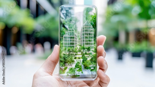 A hand holds a smartphone showcasing a digital representation of a modern, sustainable building integrated with abundant green spaces and trees.