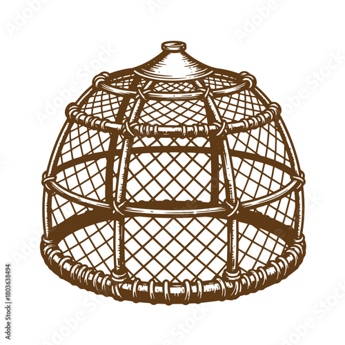 Vintage hand drawn brown lobster trap sketch isolated on a white background art illustration