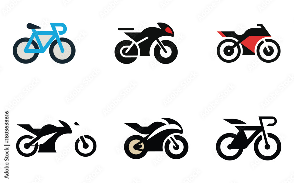 Obraz premium Collection of minimalist bicycle and motorcycle icons representing transportation and active lifestyle choices ideal for graphic design elements