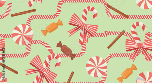 Festive candy canes, lollipops, and sweets create a cheerful holiday pattern.