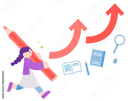 鉛筆を持って走る女の子　成績・やる気アップのイメージ