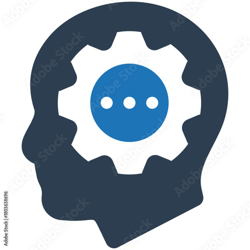 Brainwork Visualization: A digital illustration of a human head silhouette with a gear symbol in the center, representing the cognitive process of brainstorming and problem-solving.