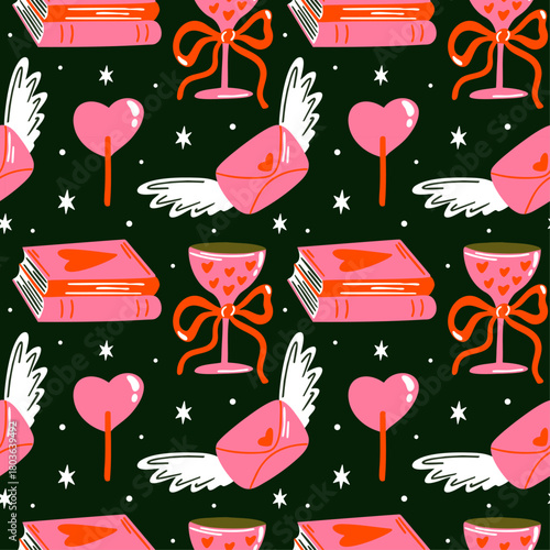 Saint Valentine's Day cute girly seamless vector pattern design with coquette witchy cartoon illustration of heart, love potion, romantic books, love letter, candy, 14 February date themed