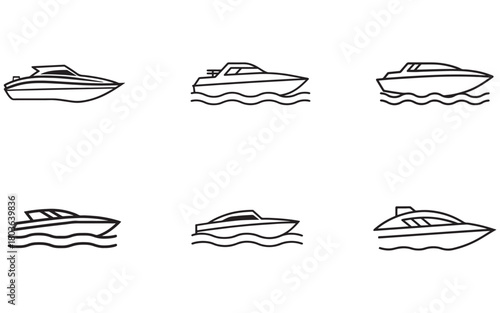 Collection of modern motorboat outline illustrations representing marine transportation and leisure activities boating lifestyle nautical symbol set isolated vector graphic