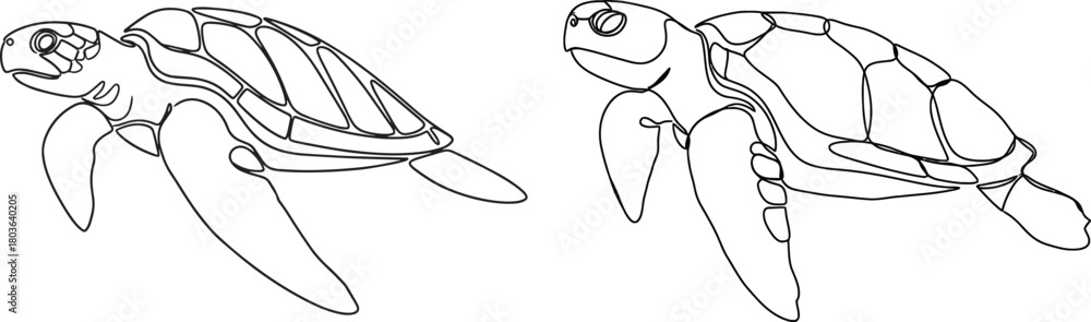 Naklejka premium Graceful sea turtle illustrations in clean flowing ocean-themed line art style