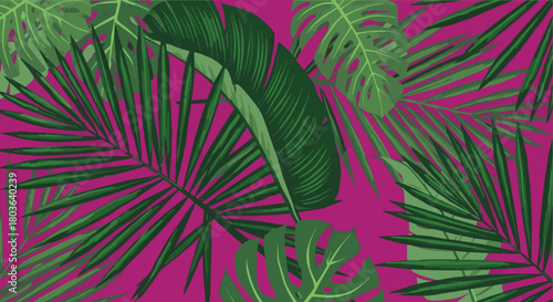 Vibrant tropical jungle foliage pattern with lush green leaves against a bright pink background