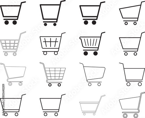 Modern shopping cart icon set with clean, minimalist lines and solid styles
