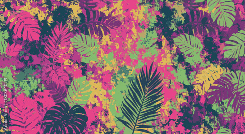 Colorful abstract background with tropical palm and monstera leaf silhouettes
