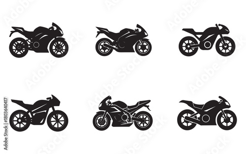 Collection of Motorcycle Silhouette Icons for Graphic Design and Transportation Industry with Varied Styles and Modern Aesthetics