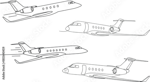 Sleek private jet collection in modern minimal line art flying perspectives