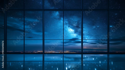 A large window is visible from a room. A magical night sky. A breathtaking night view seen through the window.