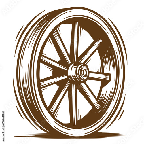 Detailed brown sketch of a vintage wagon wheel isolated on a white background