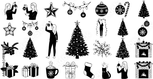Christmas Holiday Winter Set of Black and White Vector Icons: People Decorating Trees, Ornaments, Fireplace, Gifts, Hot Chocolate, Snowflakes, Stars, and Garland Elements