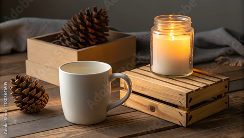 White mug pine cones lit candle on wooden table pinecone