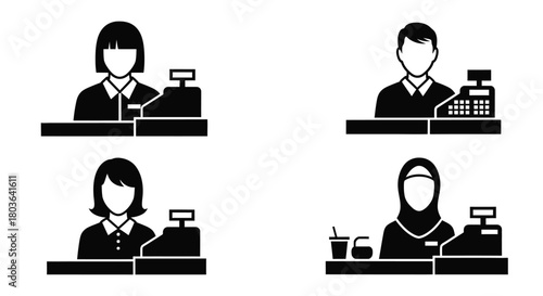 Diverse cashier staff vector icon set retail checkout person illustration