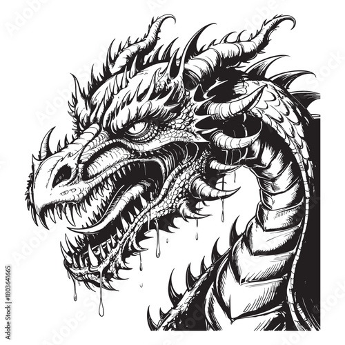Black and white illustration of a fierce dragon head with sharp teeth and horns monster